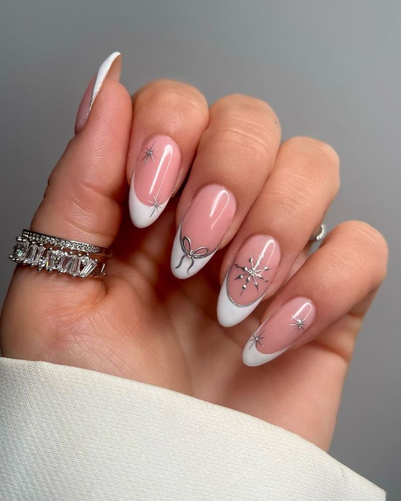 Silver Snowflake Charm French Tip Nails Silver Snowflake Charm French Tip Nails — Snowflake Nails