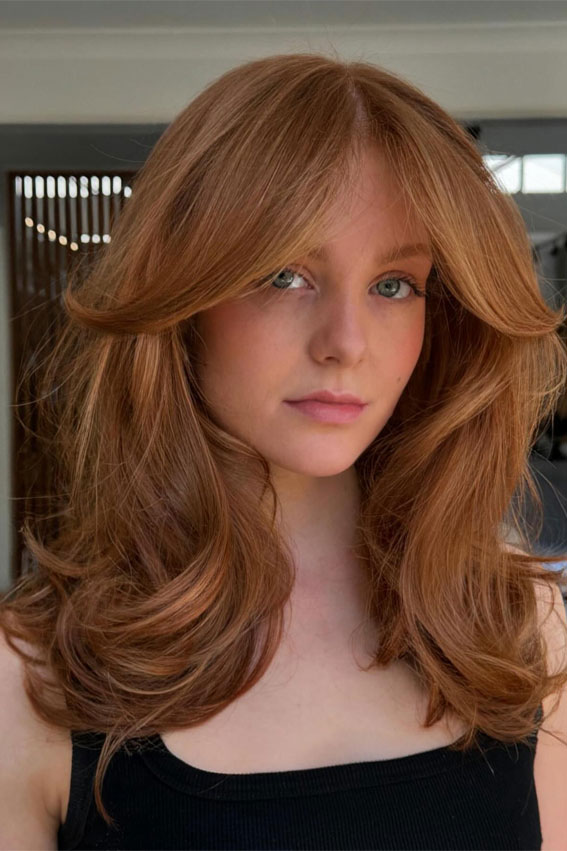 Golden Auburn With Curtain Bangs — Winter Auburn Hair Color