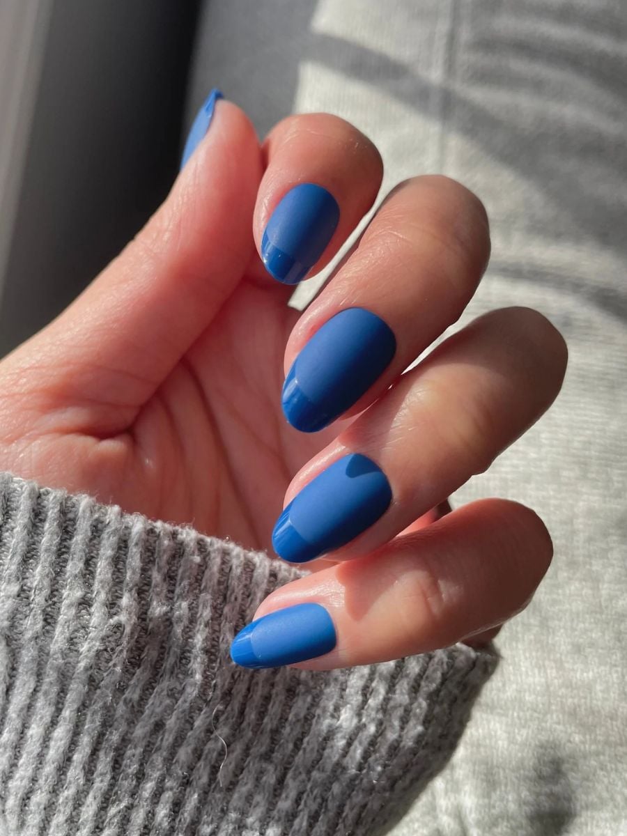Matte Deep Blue French Tip Almond Nails Matte Deep Blue French Tip Almond Nails — Winter Vacation Nails