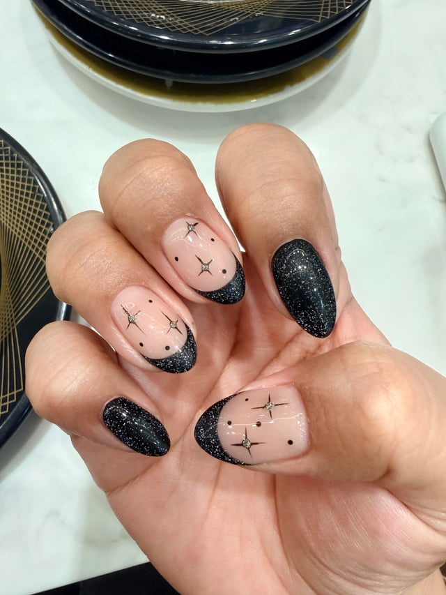 Black Glitter French Tip Almond Nails Black Glitter French Tip Almond Nails — Winter Nail Colors for Dark Skin