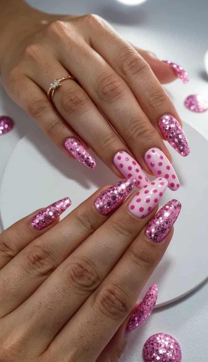 Hot Pink Glitter and Polka Dots Hot Pink Glitter and Polka Dots — nail art ideas