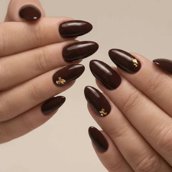 Dark Brown with Gold Foil Flecks Dark Brown with Gold Foil Flecks — Chocolate Brown Nails