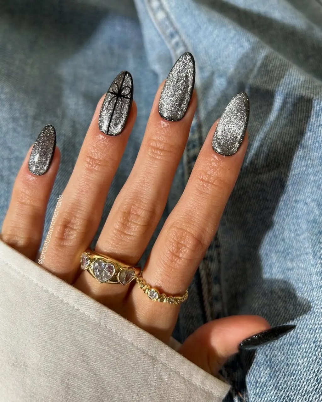 Shimmering Silver With Black Outline and Cross Shimmering Silver With Black Outline and Cross — Minimalist Winter Nails