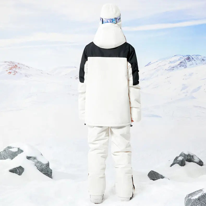 Monochromatic White Snowboard Suit with Black Accents Monochromatic White Snowboard Suit with Black Accents — Snowboarding Outfits