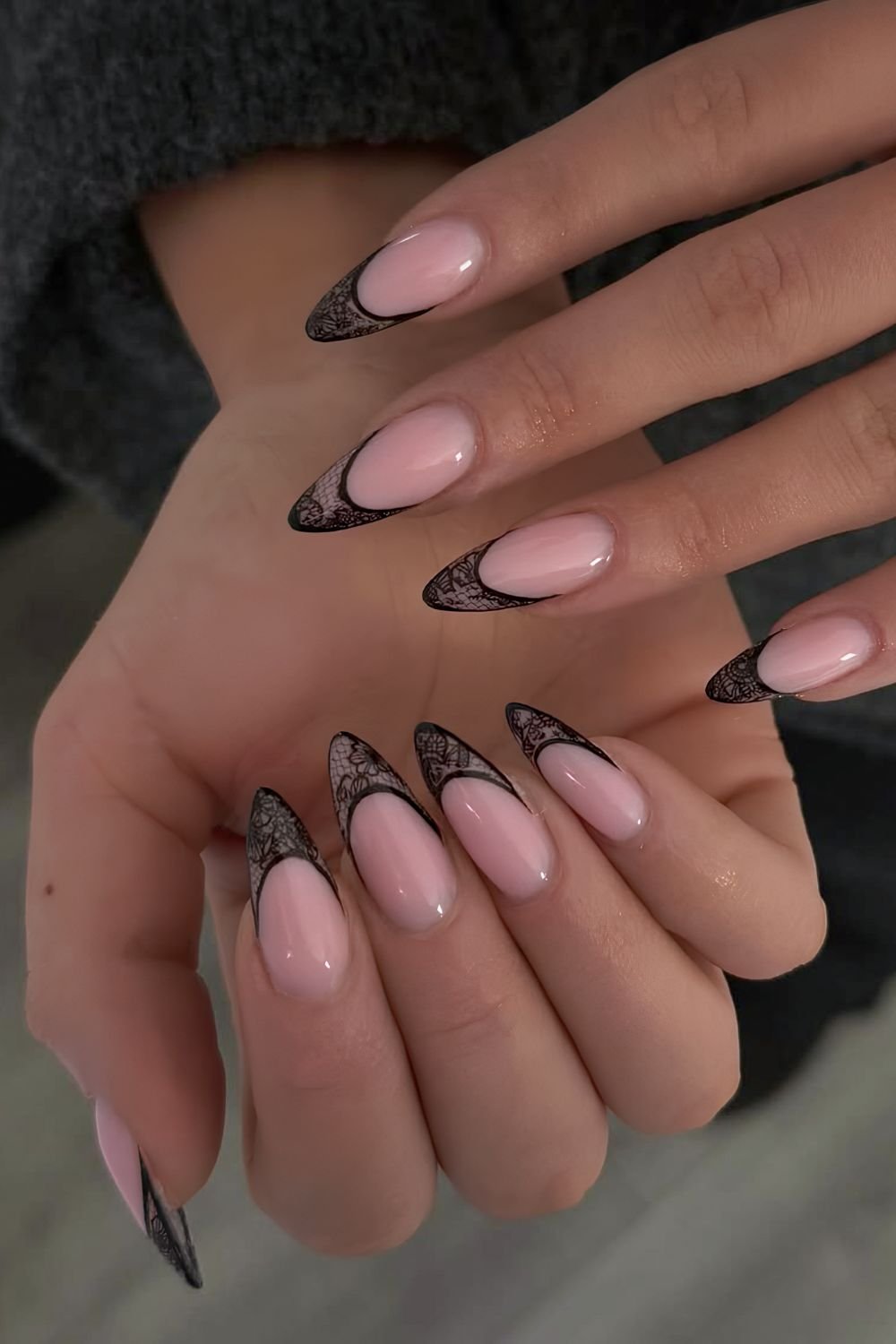 Sheer Pink Black Lace French Tips Sheer Pink Black Lace French Tips — Lace Nails