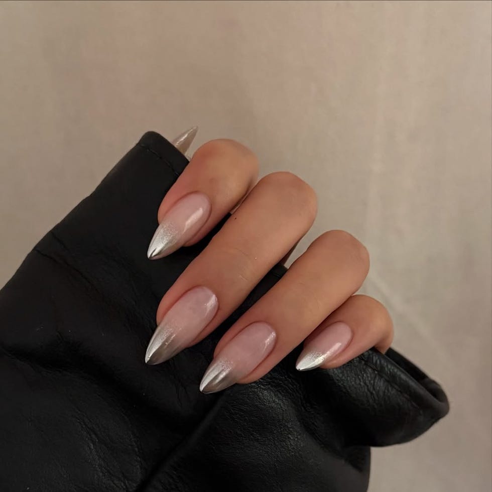 Sheer Pink Metallic Silver French Stilettos Sheer Pink Metallic Silver French Stilettos — Winter Formal Nails