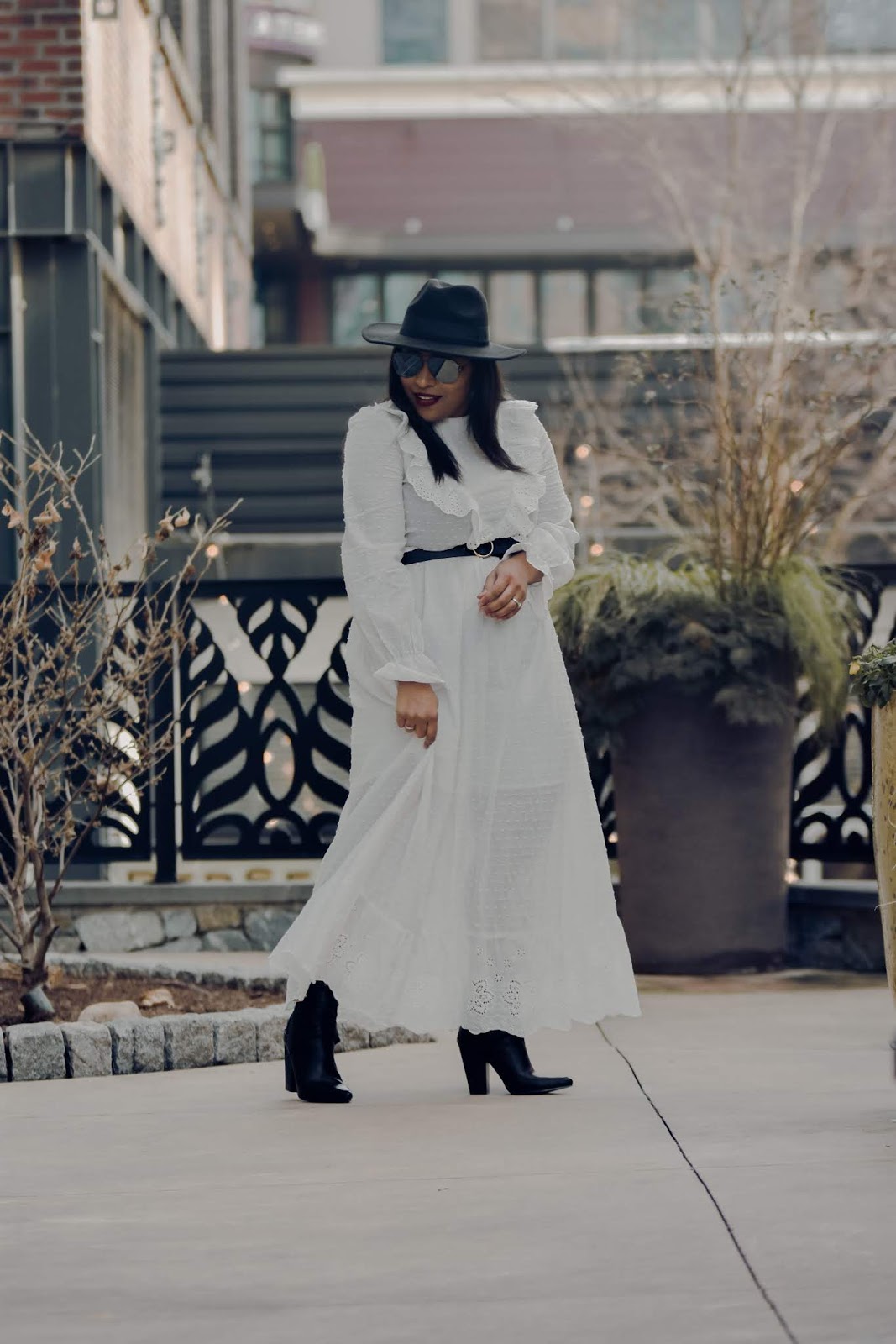 White Broderie Anglaise Maxi Dress with Black Boots — Winter White Outfits