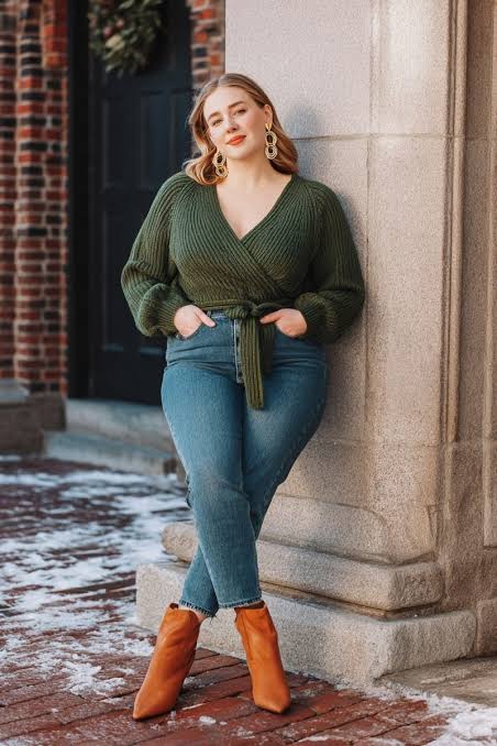 Vibrant Contrast: Blue Straight Leg Jeans with Green Wrap Sweater — Winter Outfits with Jeans