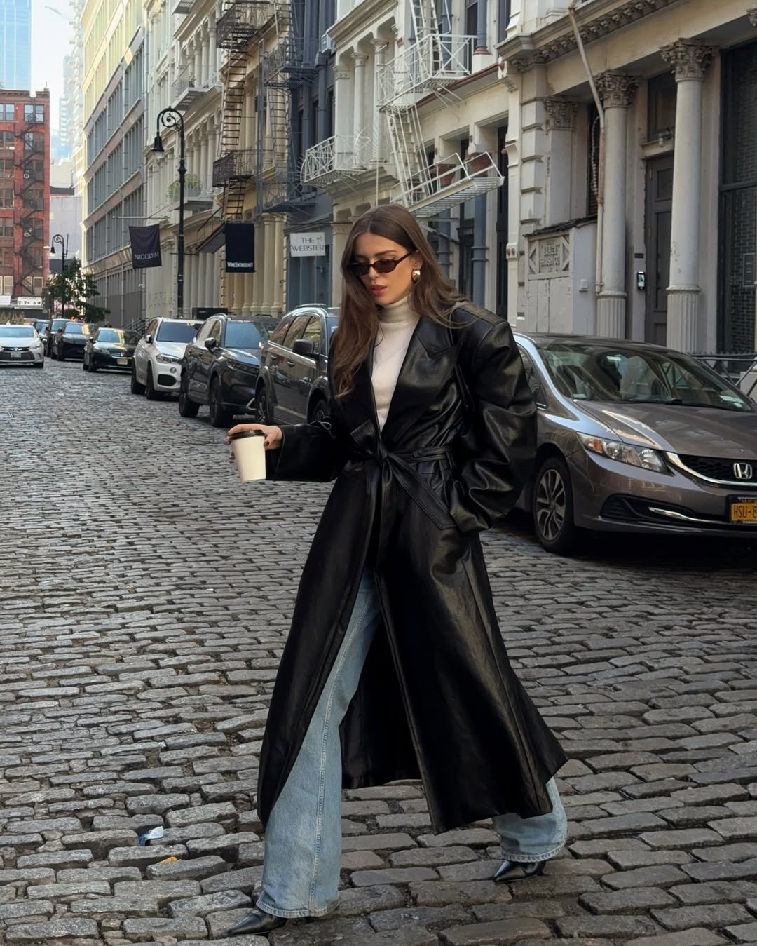 Faux Leather Trench Coat Over White Turtleneck and Jeans — NYC Winter Outfits