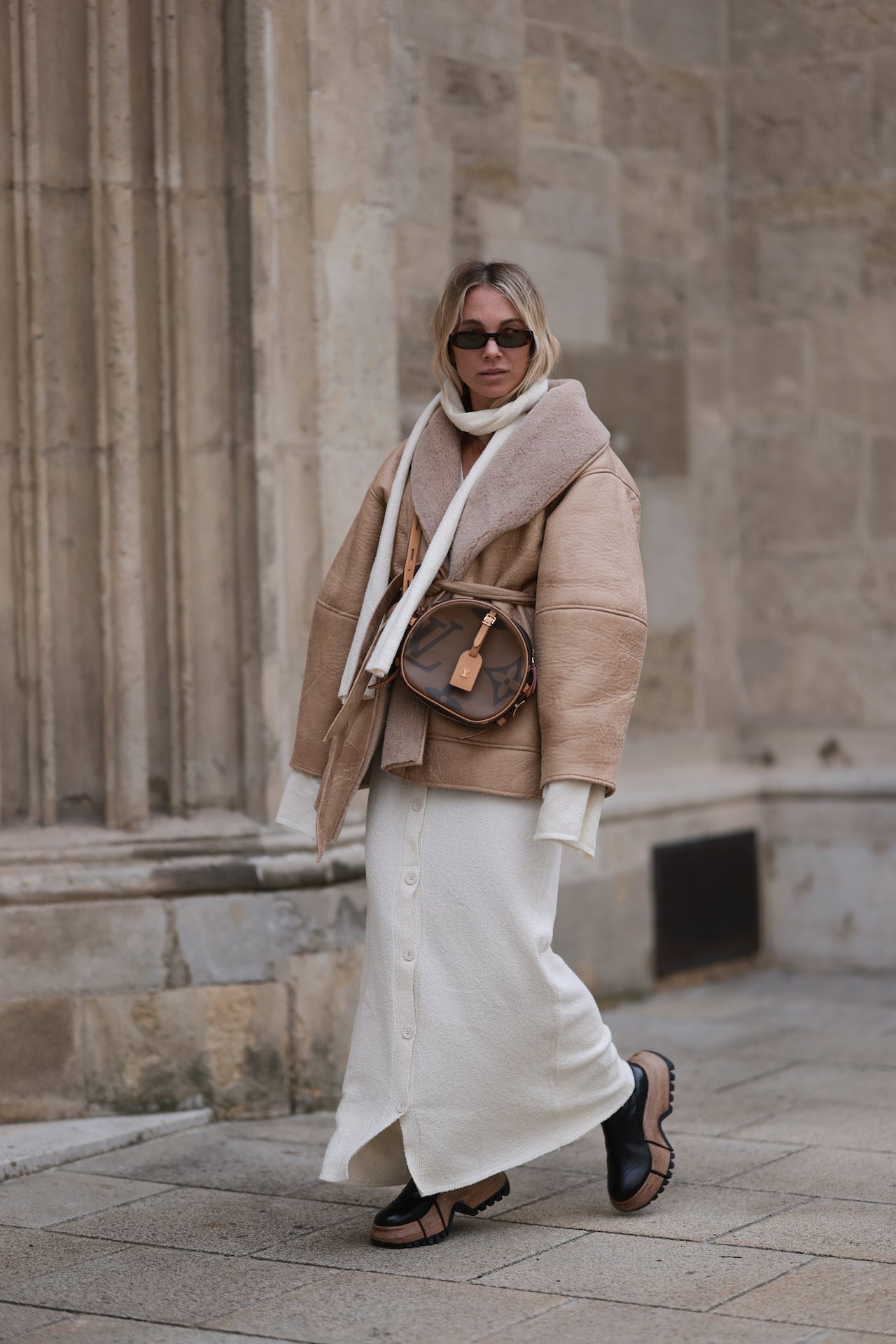 Oversized Shearling Jacket and Knit Maxi Dress — Italy Winter Outfits