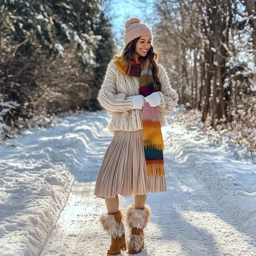 Rainbow Striped Scarf and Fur-Lined Boots for a Cozy Winter Look Rainbow Striped Scarf and Fur-Lined Boots for a Cozy Winter Look — Colorful Winter Outfits