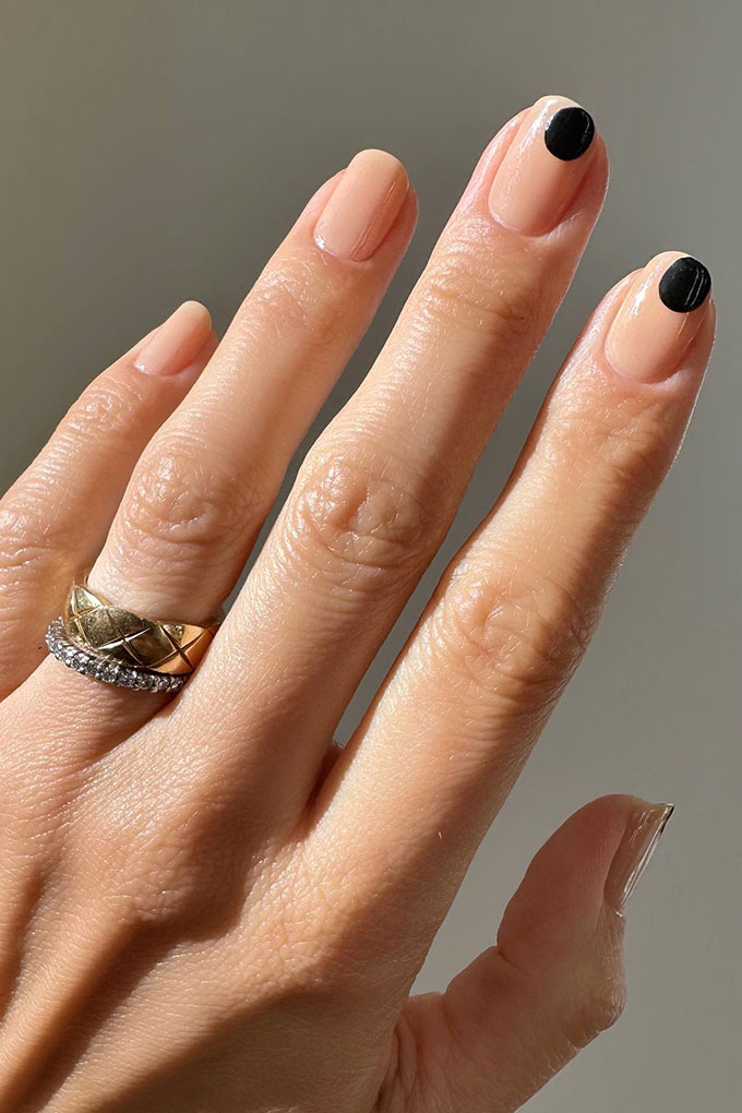 Minimalist Sheer Nude Black Dot Minimalist Sheer Nude Black Dot — short nail designs