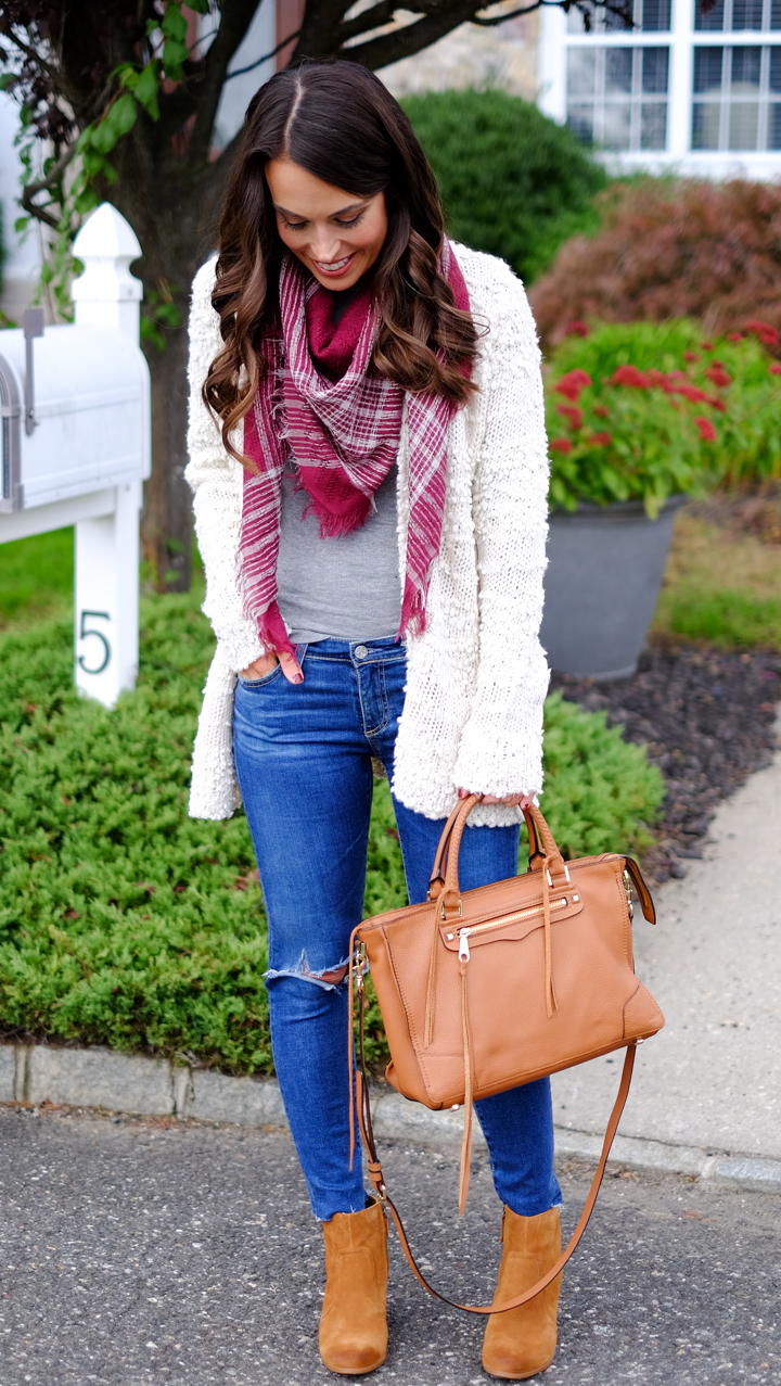 Cream Textured Cardigan with Jeans and Plaid Scarf — Cardigan Outfits