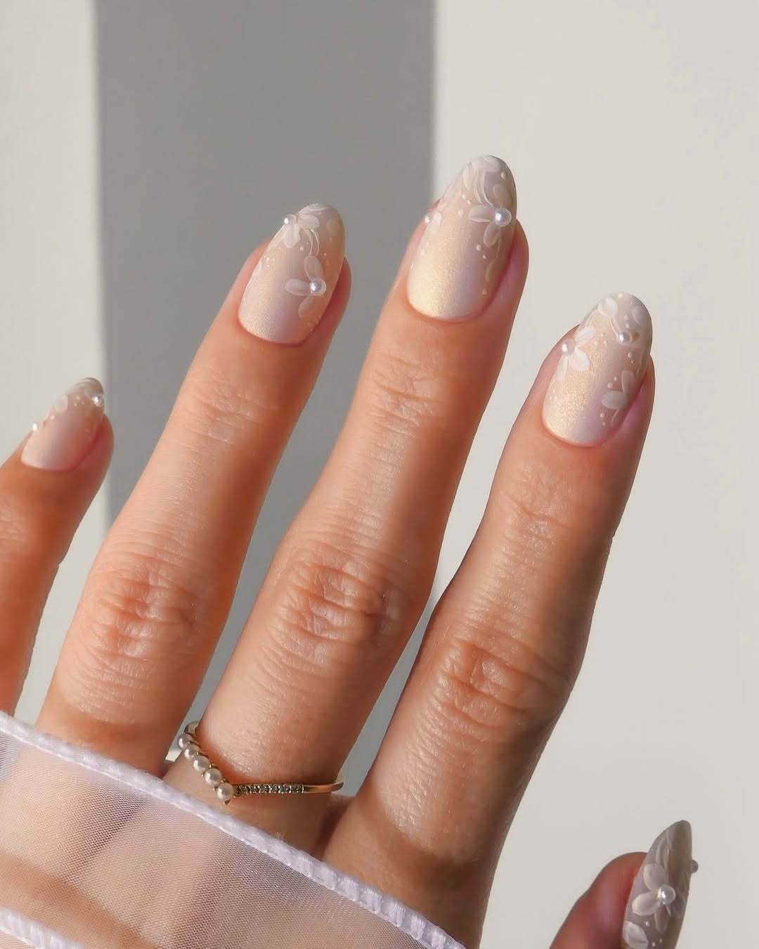 Champagne Floral Lace Oval Nails Champagne Floral Lace Oval Nails — Winter to Spring Transition Nails