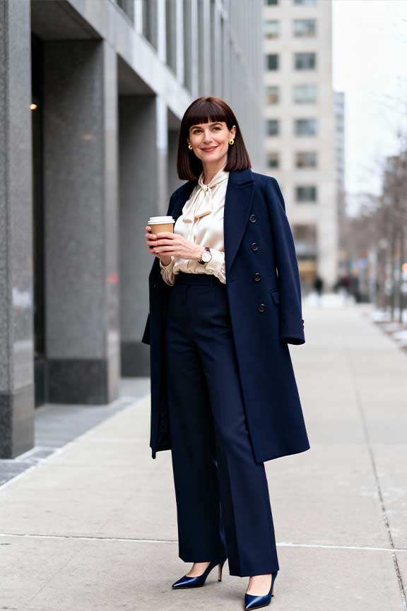 Double-Breasted Coat with Pussy-Bow Blouse Double-Breasted Coat with Pussy-Bow Blouse — Old Money Winter Outfits