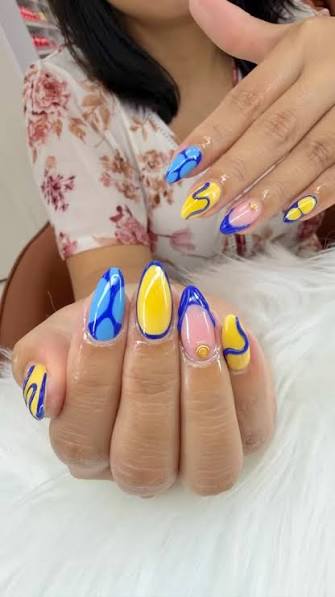 Abstract Yellow, Blue, Pink Wavy Lines Abstract Yellow, Blue, Pink Wavy Lines — yellow nail designs