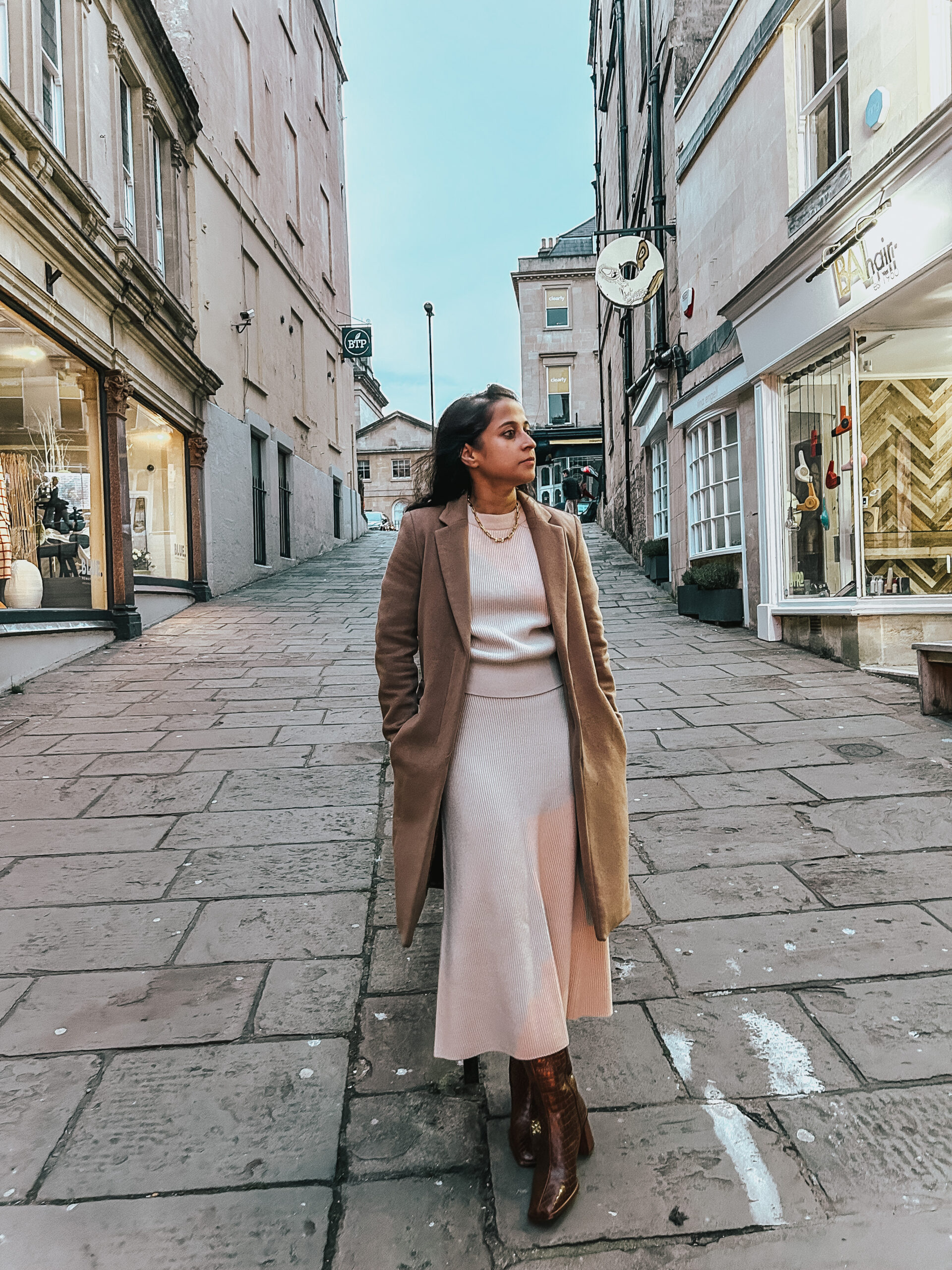 Cream Knit Set Layered Under a Camel Coat — Knit Set Outfits