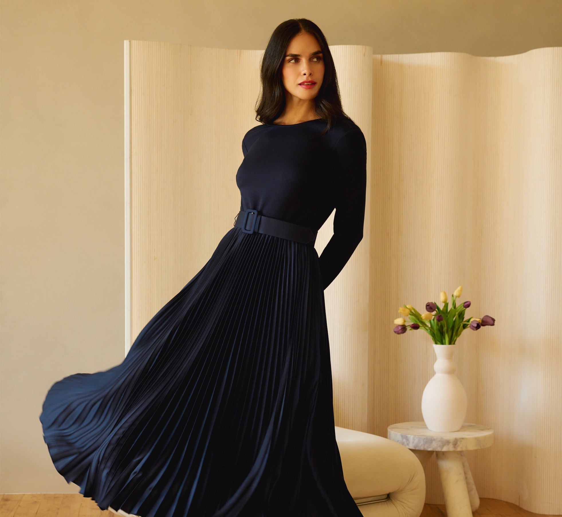 Elegant Flow: Navy Knit Top and Pleated Midi Skirt for a Winter Birthday — Winter Birthday Outfits