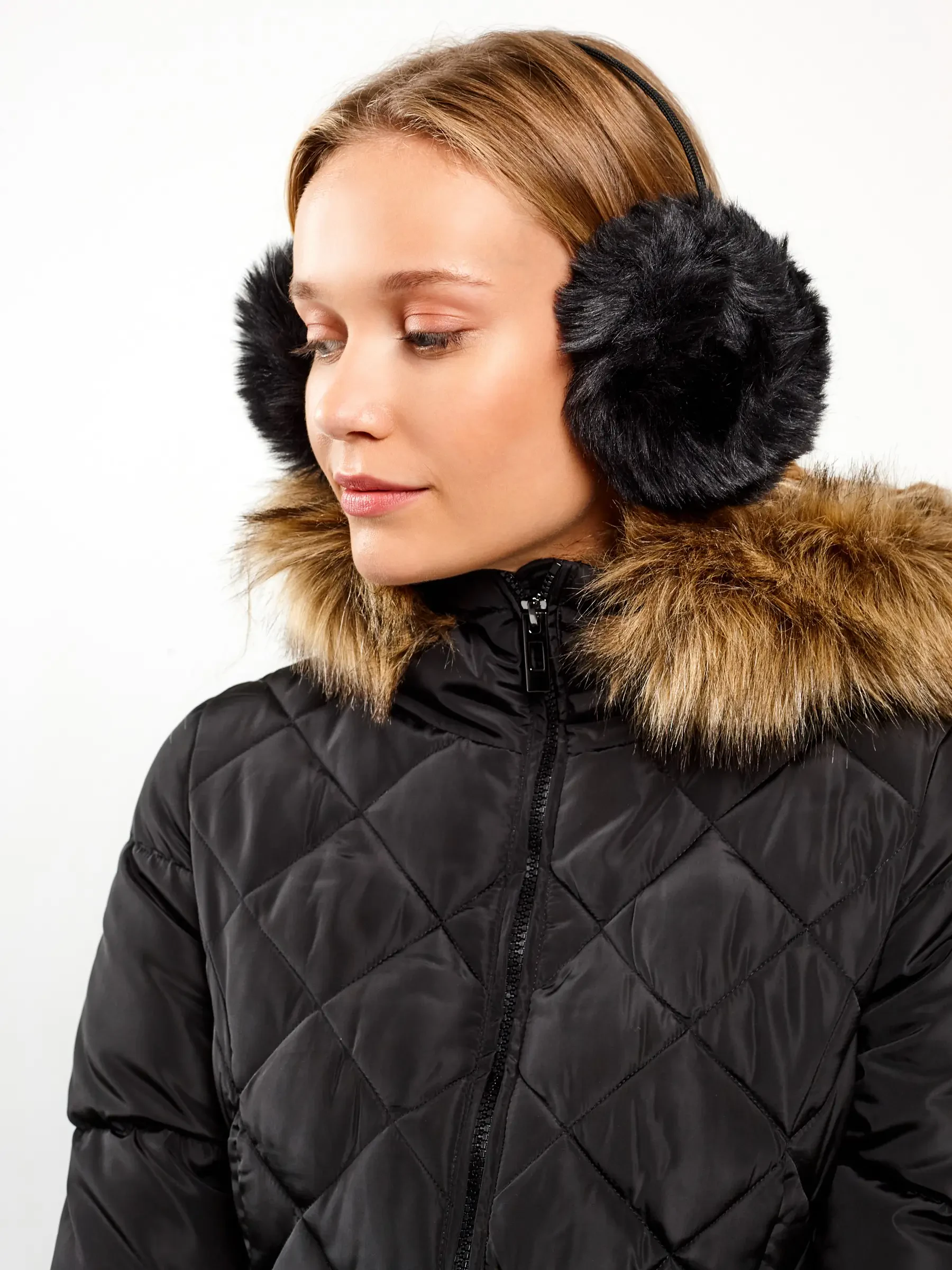Monochromatic Texture: Black Earmuffs with Puffer Jacket Monochromatic Texture: Black Earmuffs with Puffer Jacket — Earmuffs Outfits
