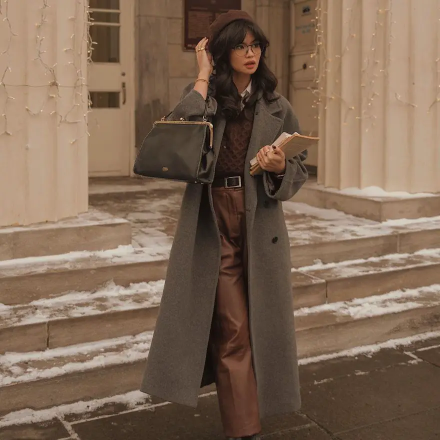 Long Grey Wool Coat and Patterned Sweater — Dark Academia Winter Outfits