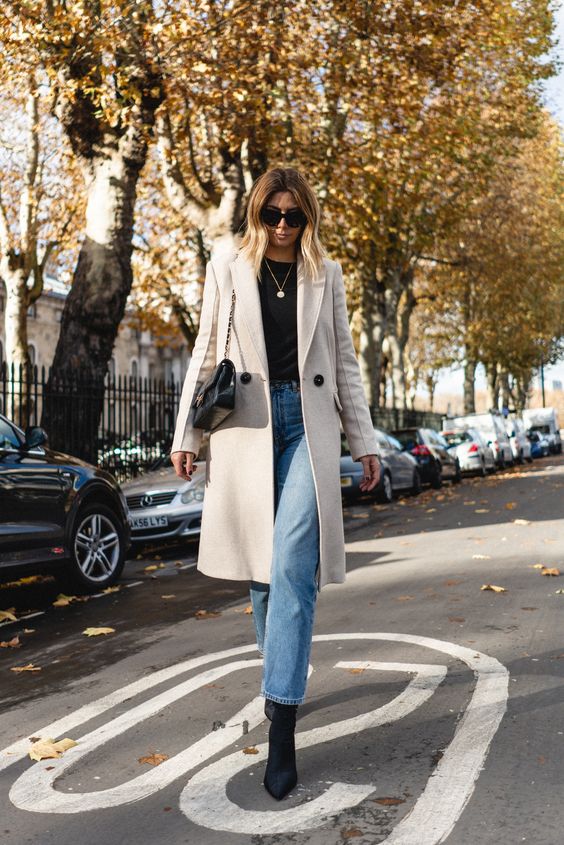 Polished Casual: Cream Wool-Blend Coat with Black and Denim Polished Casual: Cream Wool-Blend Coat with Black and Denim — Car Coat Outfits