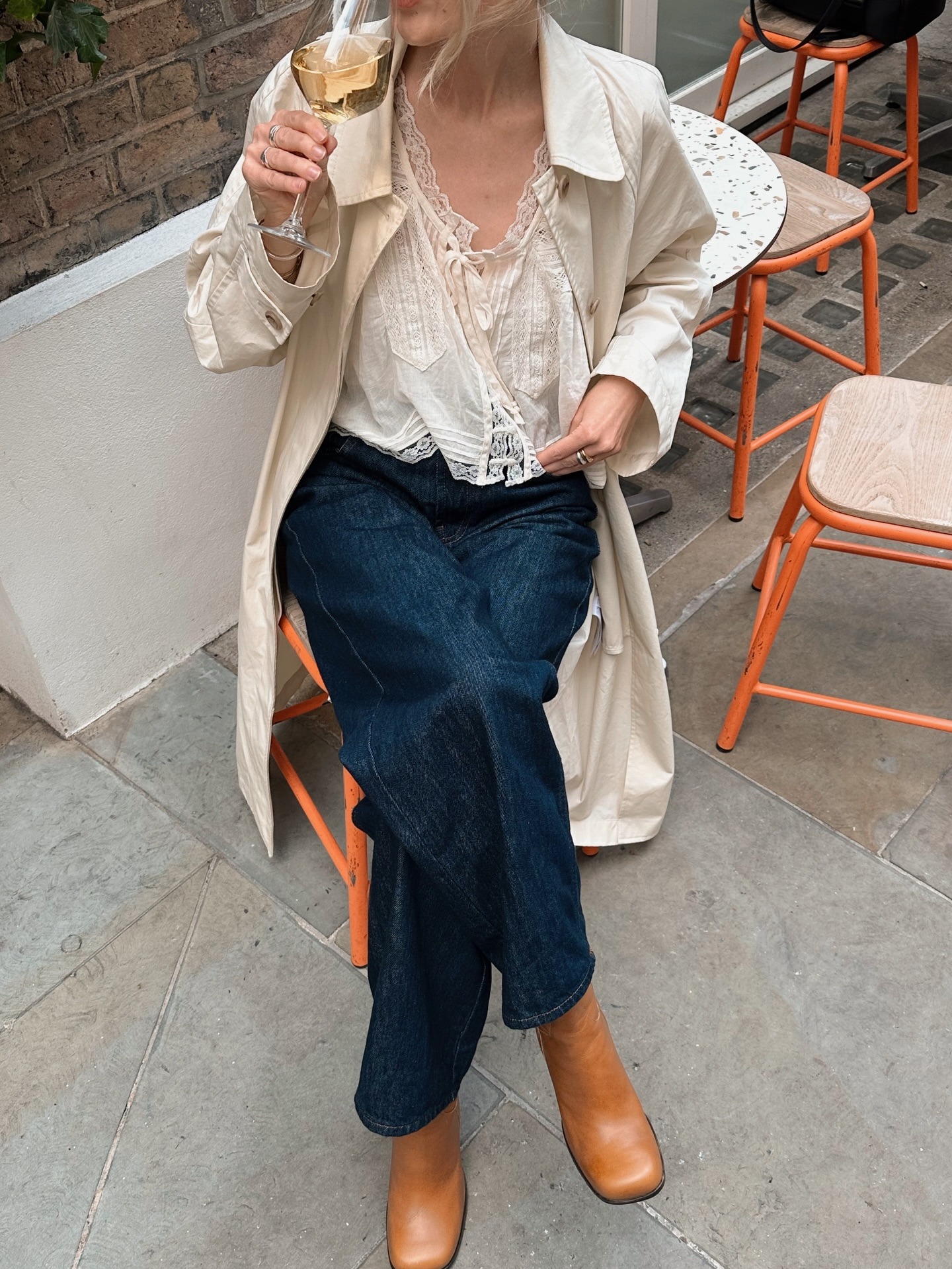 Beige Trench Coat with Lace Top and Jeans — Winter to Spring Transition Outfits