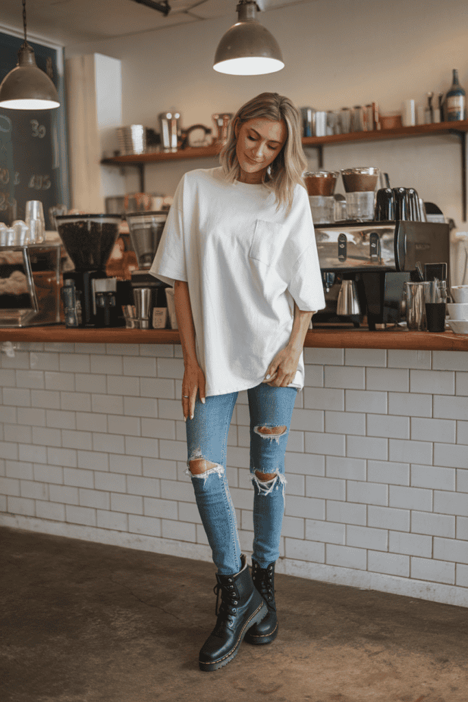 Effortless Casual with Distressed Denim and Oversized Tee Effortless Casual with Distressed Denim and Oversized Tee — Combat Boots Outfits
