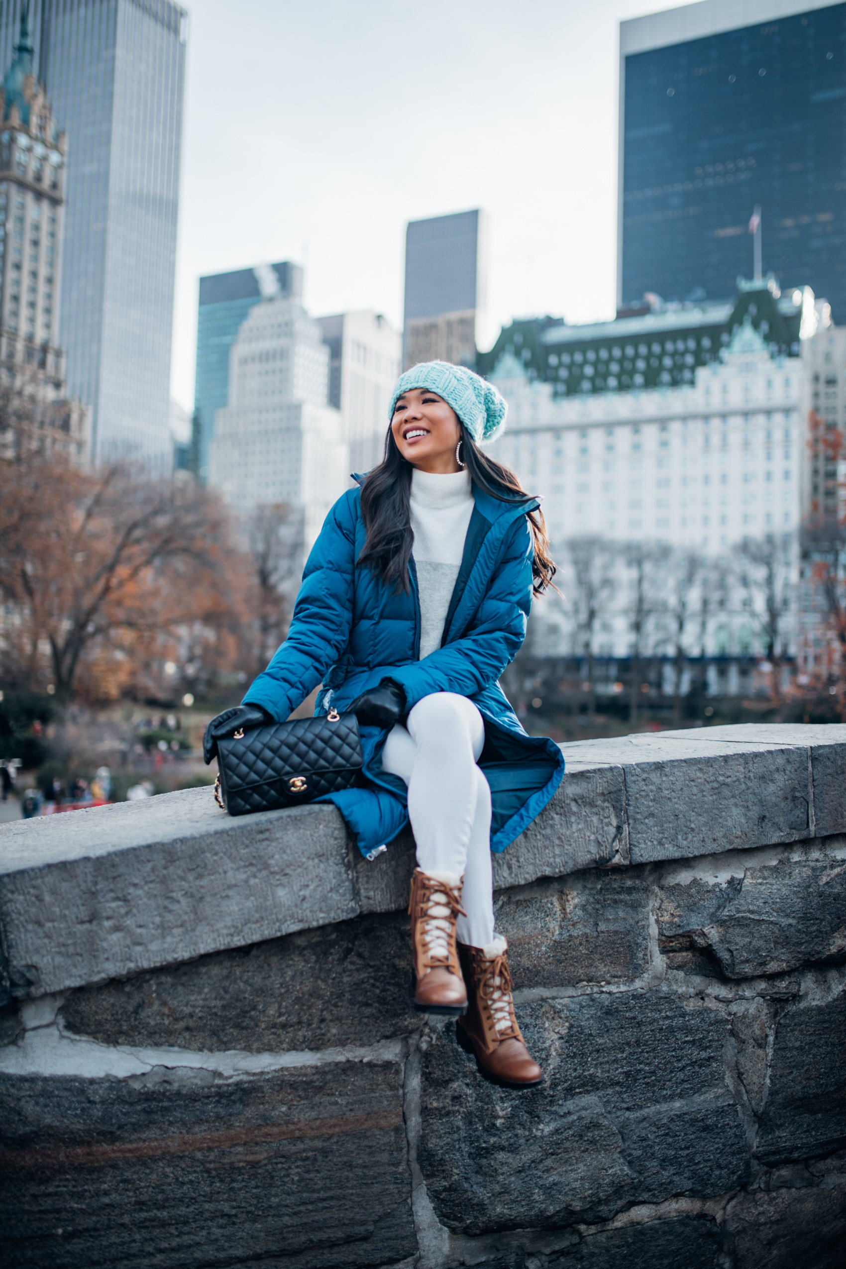 Vibrant Warmth: Blue Puffer Coat Over Knit Layers Vibrant Warmth: Blue Puffer Coat Over Knit Layers — Winter Layering Outfits