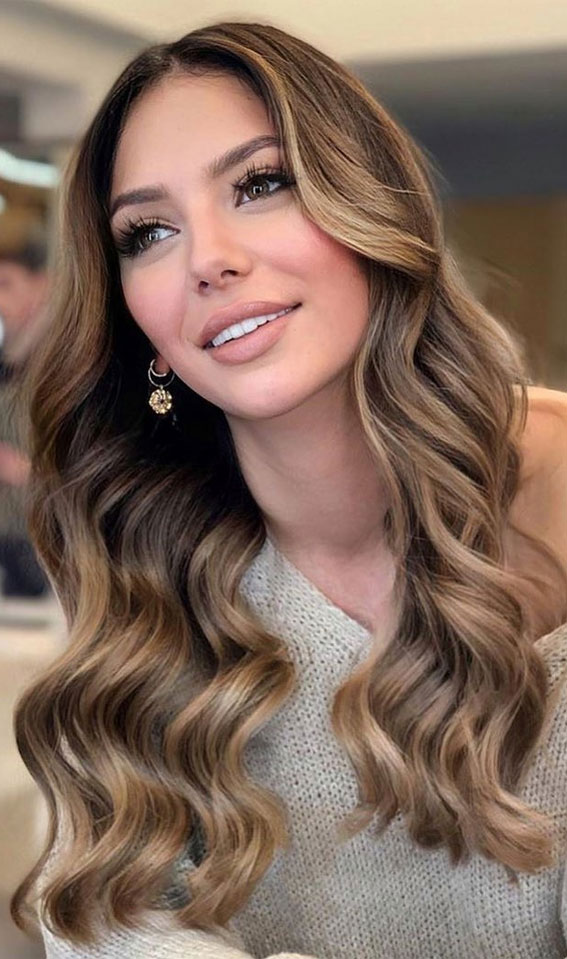Side-Swept Bangs Medium Brown With Caramel Highlights Side-Swept Bangs Medium Brown With Caramel Highlights — Winter Hair Colors for Brown Eyes