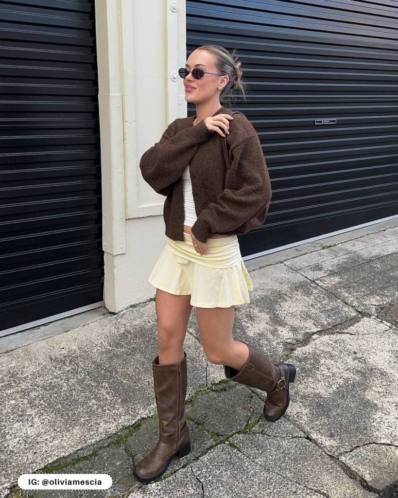 Terry Cloth Mini Skirt and Knit Cardigan Terry Cloth Mini Skirt and Knit Cardigan — Brown Boots Outfits