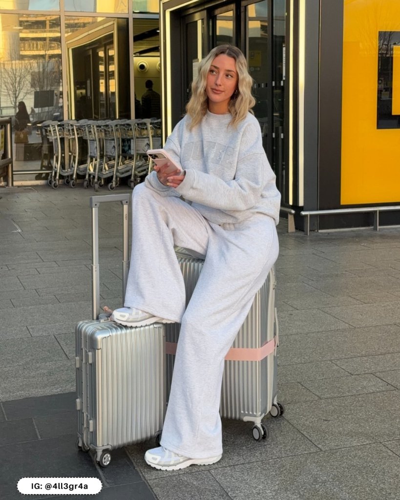 Relaxed Grey Sweat Set with White Sneakers — Winter Airport Outfits