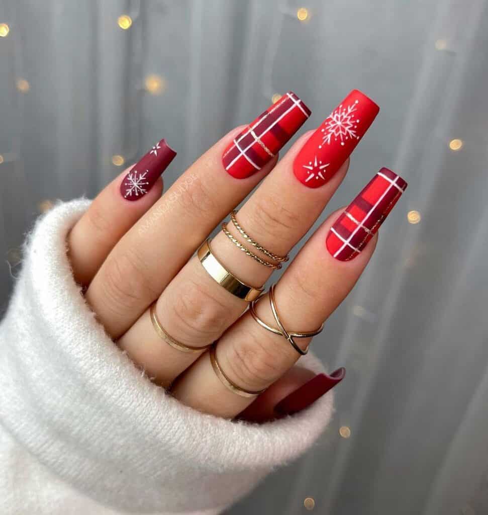 Matte Winter Plaid and Snowflake Nails Matte Winter Plaid and Snowflake Nails — Winter Red Nails