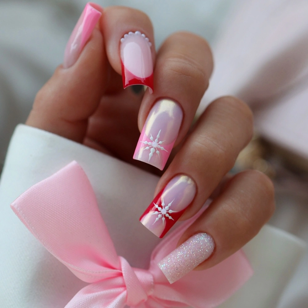 Pink Red White Iridescent Pearl Visual Idea — Winter French Tip Nails