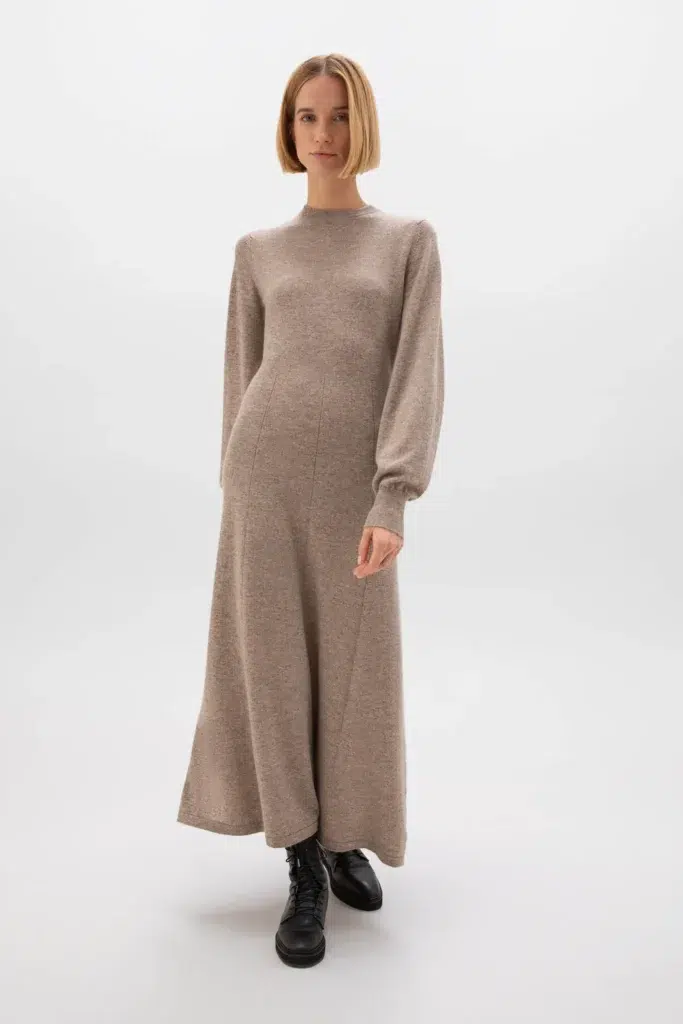 Neutral Beige A-Line Knit Dress with Balloon Sleeves Neutral Beige A-Line Knit Dress with Balloon Sleeves — Winter Dress Outfits