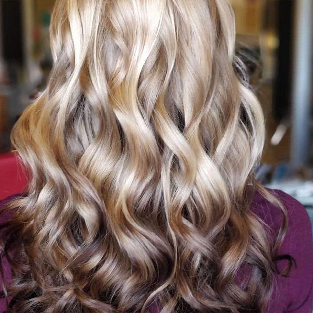 Mid-Back Blonde To Dark Brown Contrast — Wavy Hair Is Styled With Loose Curls — Reverse Balayage