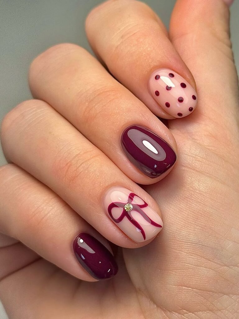 Burgundy with Bow and Dot Accents Burgundy with Bow and Dot Accents — Burgundy Nails