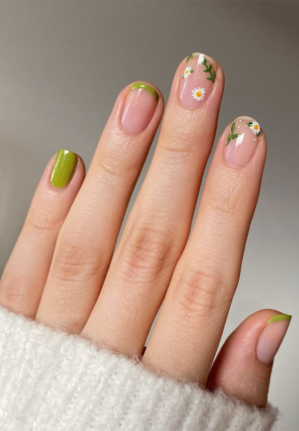 Light Green French Tip with Daisy Art Light Green French Tip with Daisy Art — green nail designs