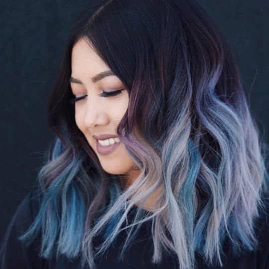 Dark Brown to Cool Blue Purple Collarbone Lob Dark Brown to Cool Blue Purple Collarbone Lob — Winter Ombre Hair