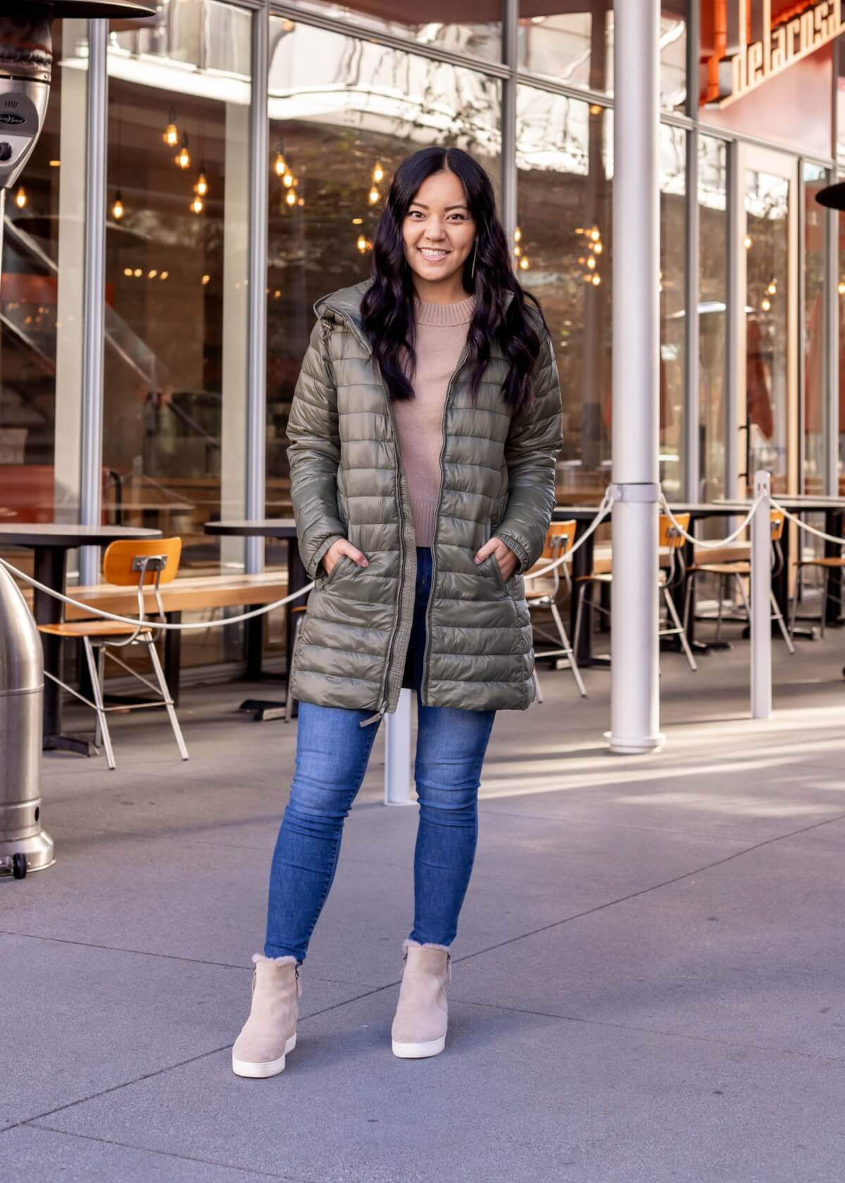 Olive Green Puffer with Beige Knit and Suede Boots — Long Puffer Coat Outfits