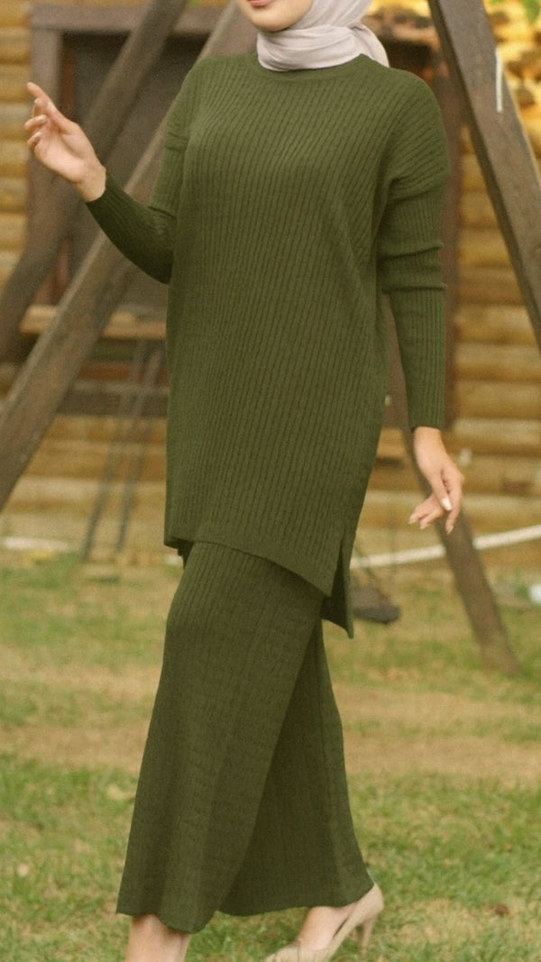 Olive Green Ribbed Knit Tunic and Wide-Leg Pants — Knit Set Outfits