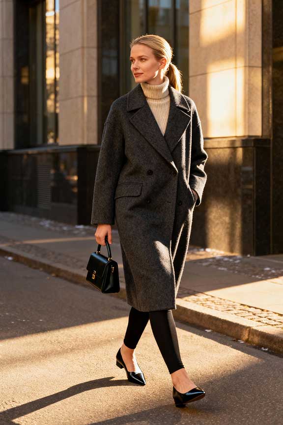 Long Wool Coat and Turtleneck with Black Leggings Long Wool Coat and Turtleneck with Black Leggings — Winter Outfits with Leggings