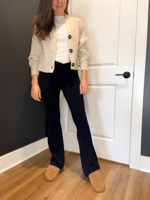 Cream Cardigan Outfit with Black Flare Leggings — Flare Leggings Outfits