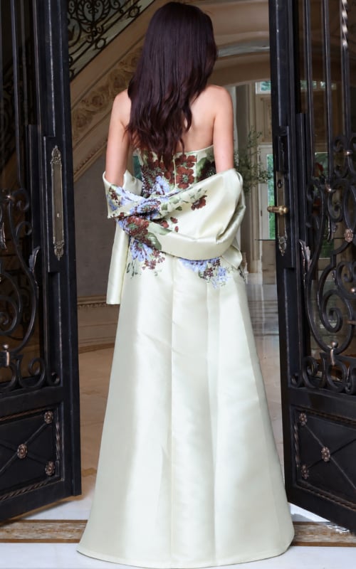 Pale Yellow Strapless Ballgown with Floral Print Shawl Pale Yellow Strapless Ballgown with Floral Print Shawl — Winter Formal Dresses
