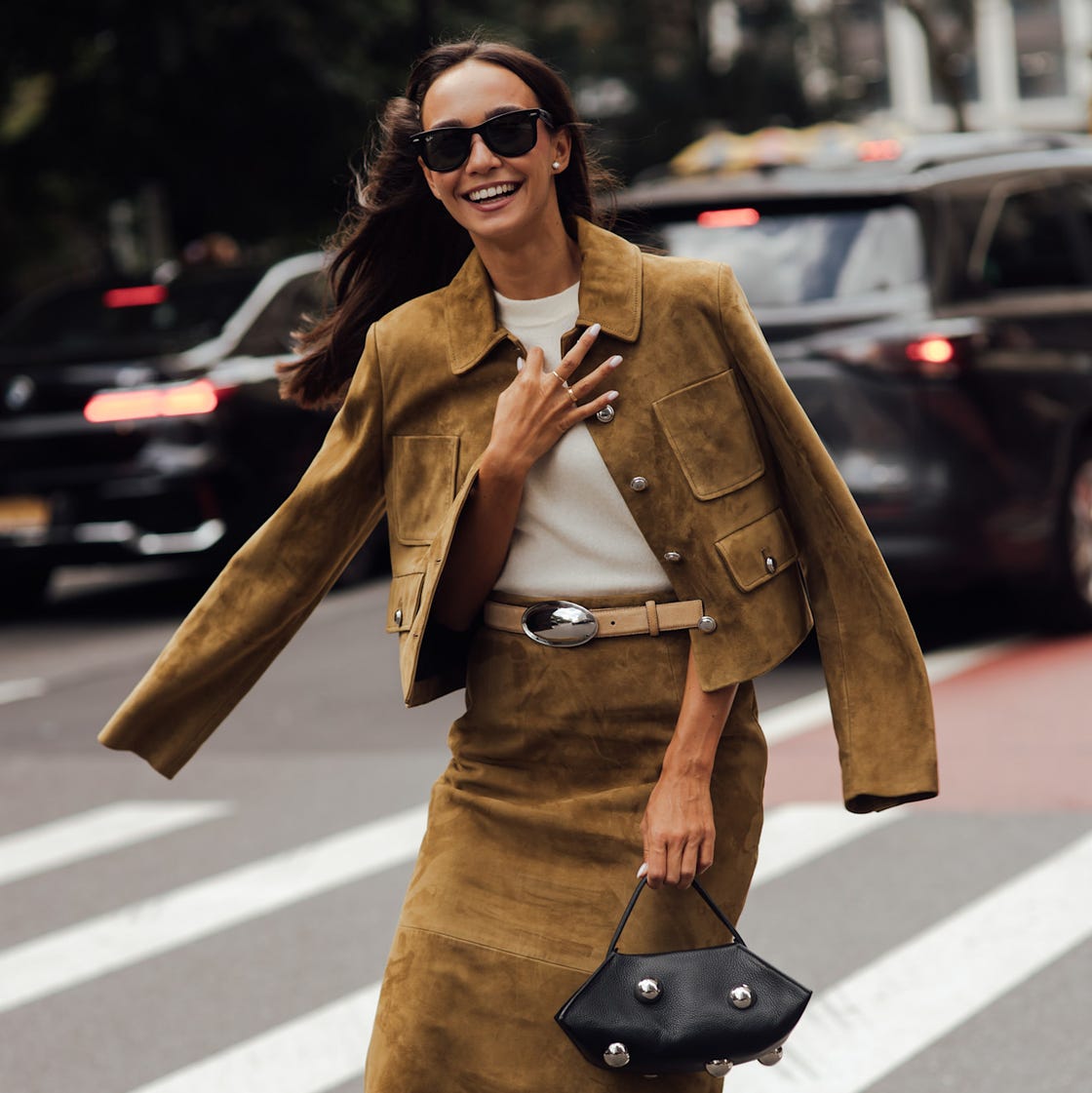 Tan Suede Jacket and Skirt Set with Brown Loafers for a Chic Daytime Ensemble Tan Suede Jacket and Skirt Set with Brown Loafers for a Chic Daytime Ensemble — Fall to Winter Outfits