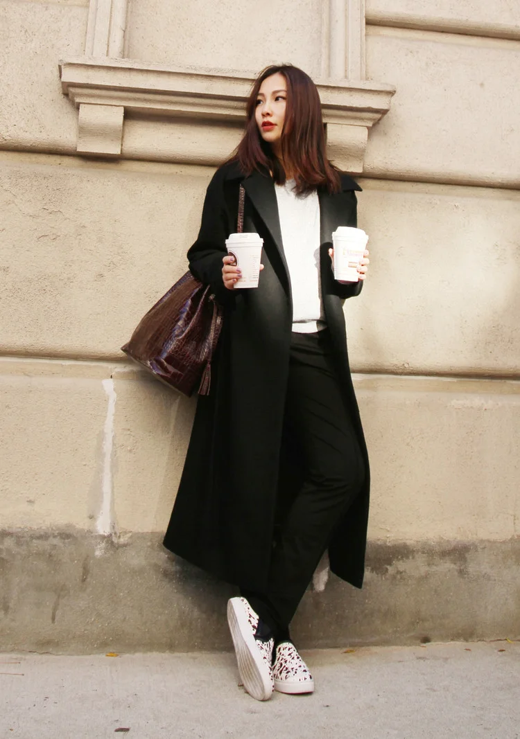 Chic Black Longline Wool Coat with Sneakers — Wool Coat Outfits