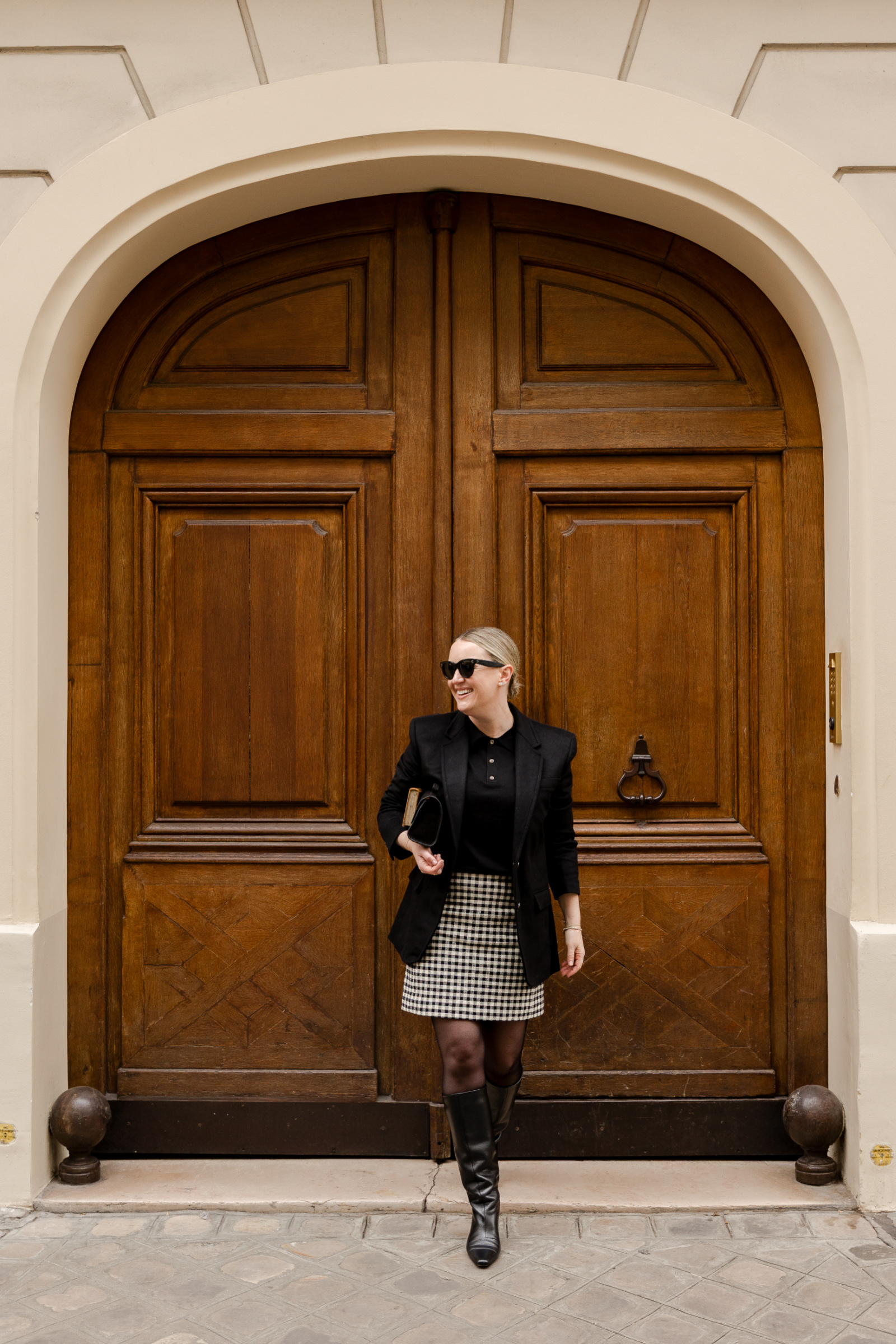 Gingham Skirt with Blazer and Knee-High Boots — Preppy Winter Outfits