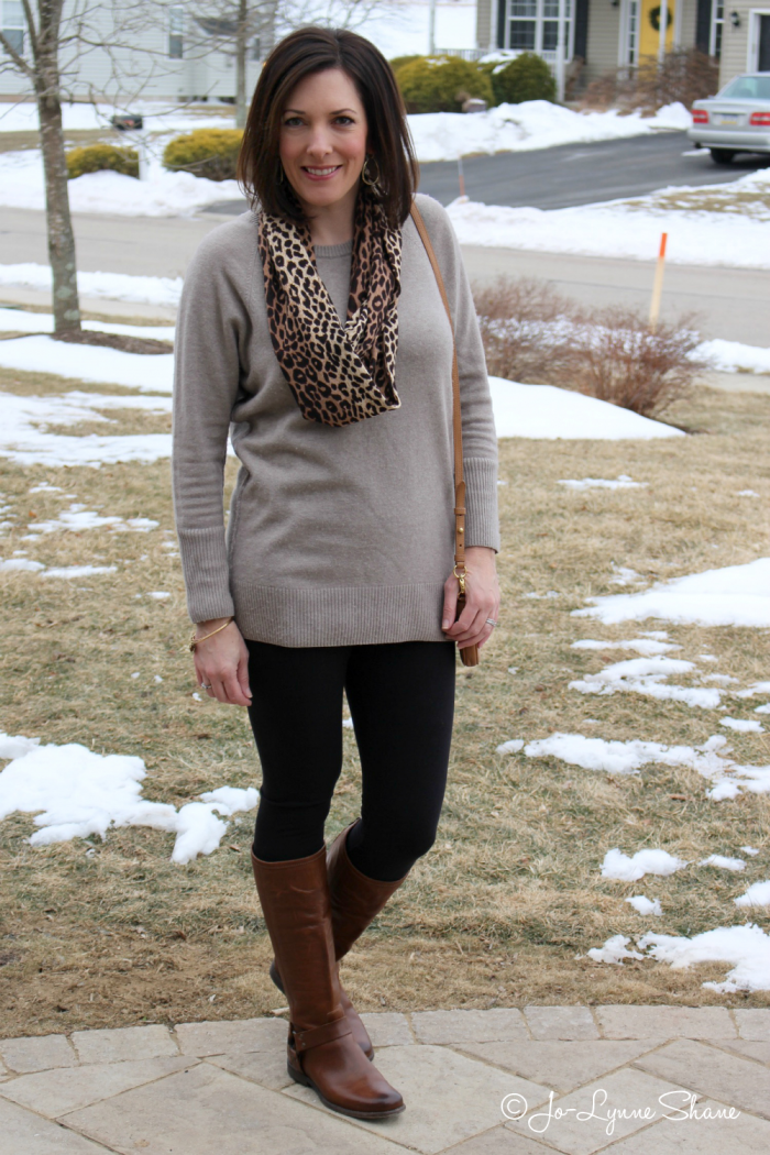 Crewneck Sweater and Knee-High Boots with Leopard Scarf Crewneck Sweater and Knee-High Boots with Leopard Scarf — Winter Outfits for Women Over 40