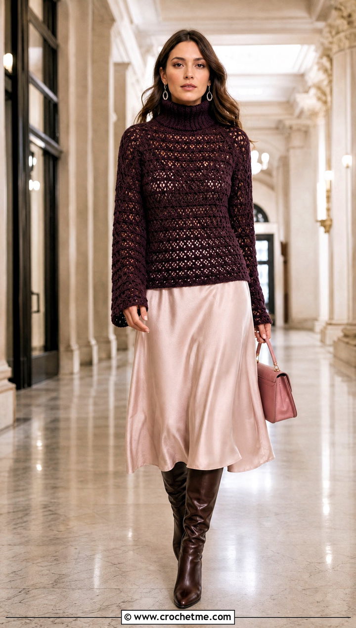 Burgundy Crochet Turtleneck with Champagne Satin Skirt — Turtleneck Outfits