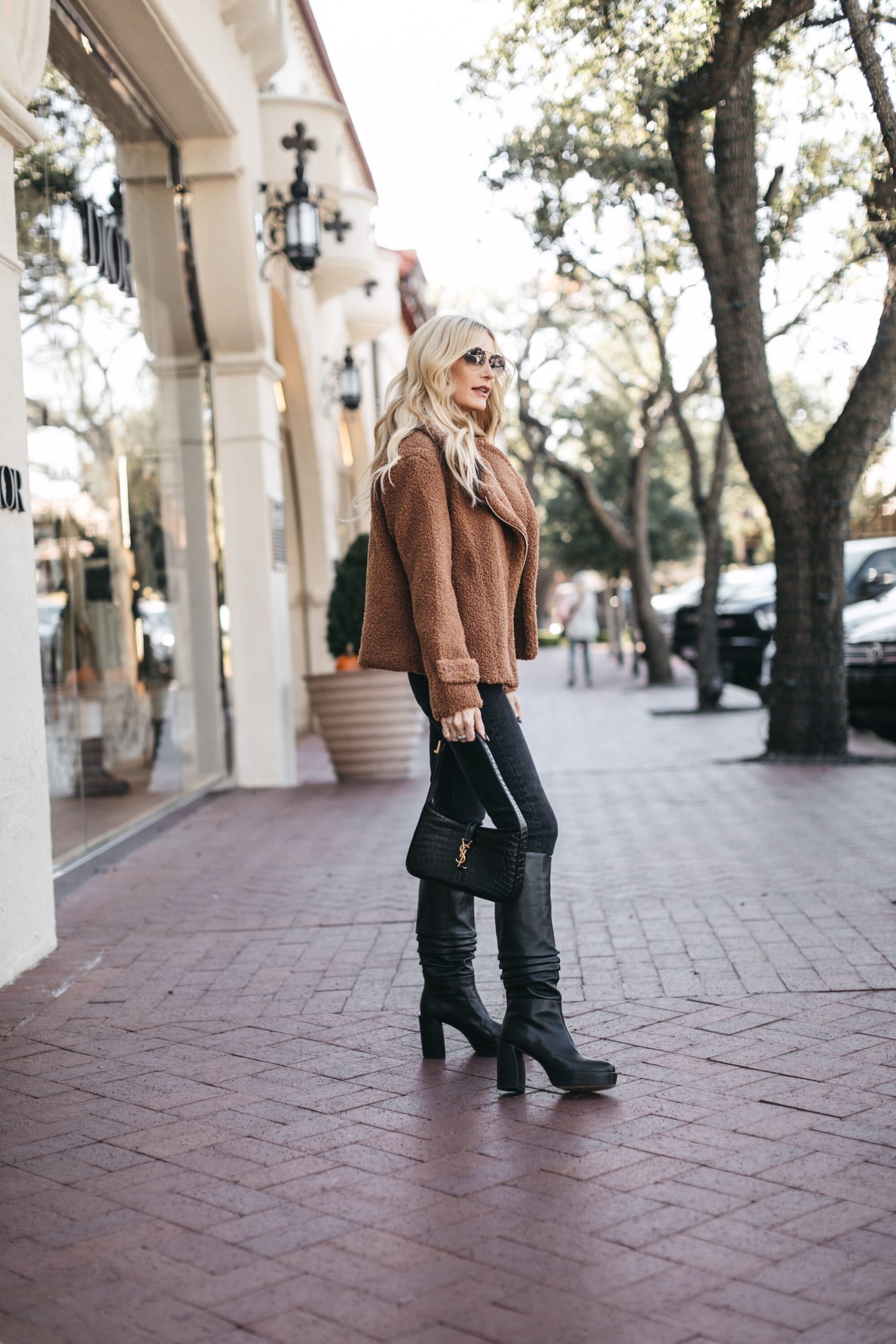 Cozy Chic: Teddy Coat, Skinny Jeans, and Black Leather Boots — Knee High Boots Outfits