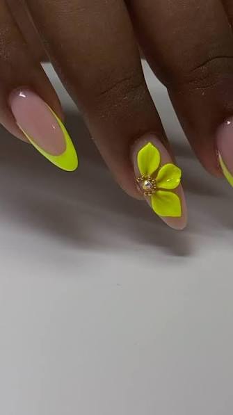 Sheer Pink with 3D Neon Yellow Flower Sheer Pink with 3D Neon Yellow Flower — yellow nail designs